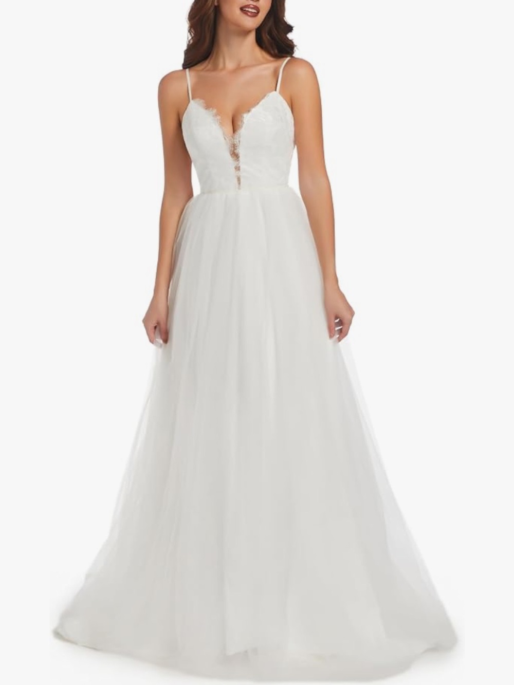 White Lace & Tulle A-Line Spaghetti wedding Dress